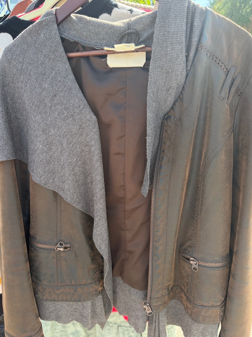 Women's Brown Distressed Leather Jacket with Gray Knit Hooded Trim